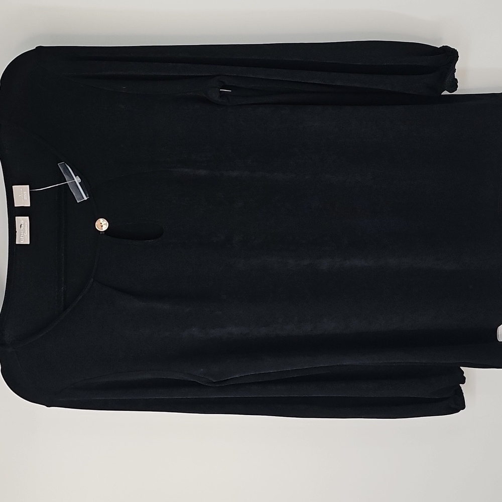 Chico's Travelers Black Pleated Neckline Tunic Top